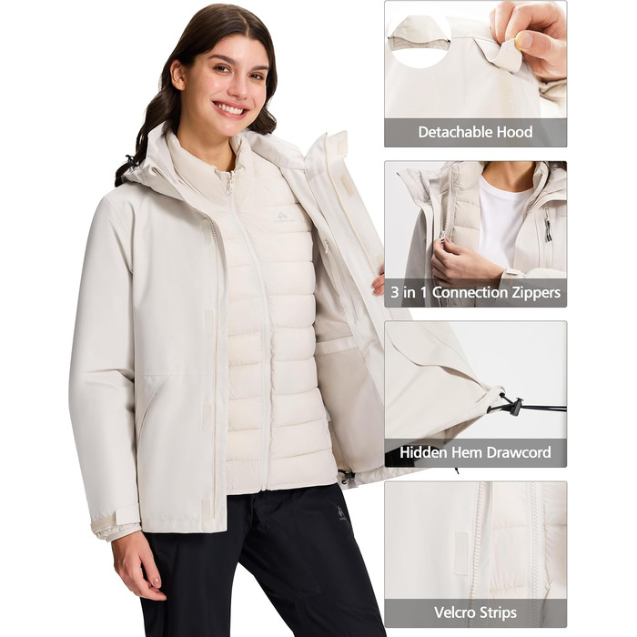 Зимова куртка Pioneer Camp для жінок – 3 в 1, для катання на лижах та сноуборді, водонепроникна, дихаюча, з бавовняною підкладкою (Світло-хакі, XXL)