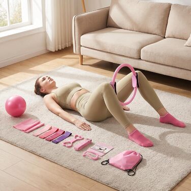 Набір для пілатесу та йоги для жінок-початківців Home Pilates & Yoga Starter Kit (рожевий) | М'яч для гімнастики 22,9 см, еспандери, кільце для пілатесу, ремені на щиколотки | Комплект для тренувань корпусу та розтяжки