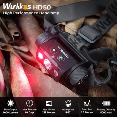 Wurkkos HD50 LED налобний ліхтар 4000 люмен, USB-C, 9 режимів, водонепроникний IPX8, для бігу, кемпінгу