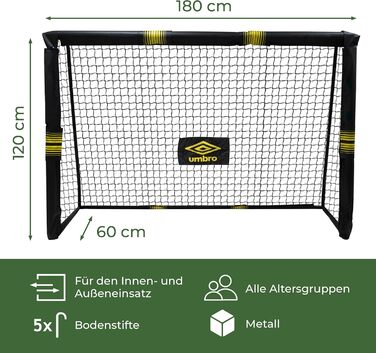 Футбольні ворота Umbro 180x120x60 см металеві для саду, дітей і дорослих, чорні/жовті, для тренувань, для вулиці та приміщення