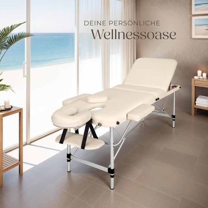 Масажний стіл Tectake 3 зони, складаний, з регулюванням висоти, з аксесуарами (підголовник, підлокітники, сумка) - бежевий