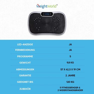 Вібраційна платформа WeightWorld для дому, 99 рівнів інтенсивності, 5 програм, масажер для всього тіла, тренажер для фітнесу та нарощування м'язів, Bluetooth
