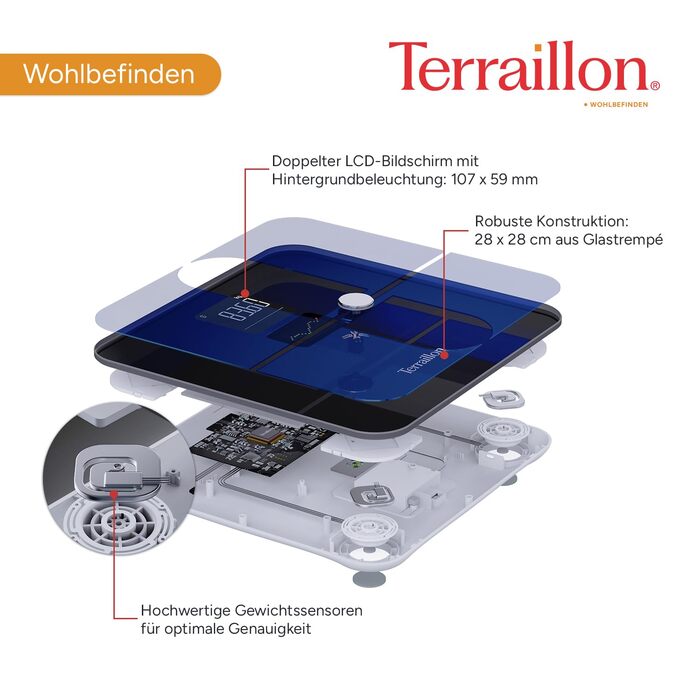 TERRAILLON COLOR CONNECT - Розумна вага з Bluetooth, вимірювання серцевого ритму, маси тіла: жир, м'язове, кісткове, BMI, ємність 180 кг, шкала 50 г, мультидисплей, колір блакитний