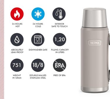 Термос для напоїв Thermos Icon 1,2 л, бежевий, ізольована пляшка з чашкою, термокружка з ручкою, 24 год гаряче/холодне, герметичний, BPA-free, можна мити в посудомийній машині