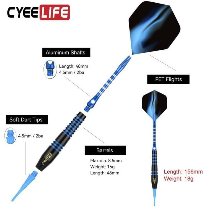 CyeeLife Дартси з пластиковим наконечником, 12 шт. Набір м'яких дартсів для електронної мішені, 16 додаткових оперень, 100 змінних пластикових наконечників, 2 протектори для оперень