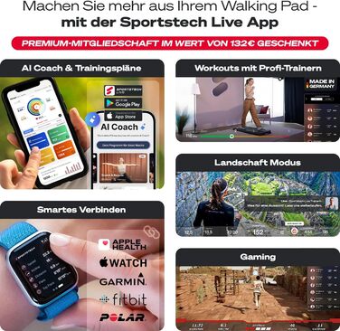 Тренажер для ходьби Sportstech WalkMate - біговий килимок для дому з нахилом до 9%, швидкість 1-6 км/год, з підключенням до додатку, для дому та офісу, з лічильником кроків, легкий та компактний, з транспортувальними роликами, до 120 кг, сірий колір