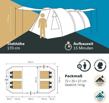 Намет Skandika Kambo Tunnelzelt для 4-8 осіб | Великий сімейний намет з темною спальною кабіною, водонепроникний (3000 мм), 3 входи, сонцезахисний тент, тамбур | Намет для кемпінгу, просторий намет (антрацит/зелений, 8 місць)