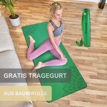 Килимок для йоги з натурального каучуку | Нековзний | ECO PU поверхня з ULTRA GRIP | 183x68 см, 4 мм, зелений, з мандалою | з ремінцем для перенесення