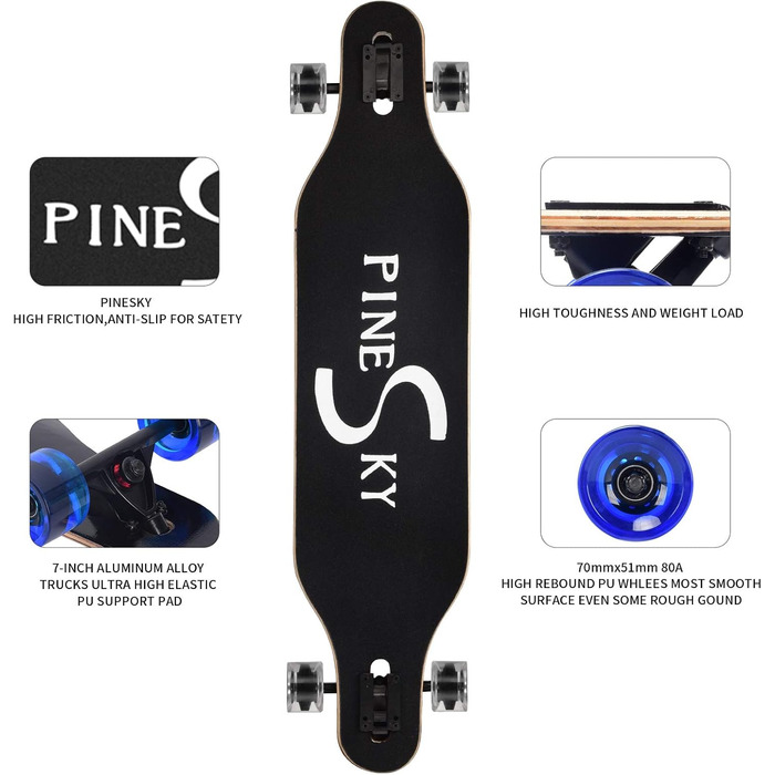 Лонгборд PINESKY 41 дюйм, 8-шаровий клен, для круїзингу, карвінгу, фрістайлу та даунхілу + T-інструмент