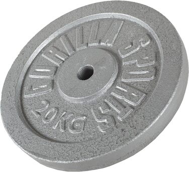 Диски для штанги GORILLA SPORTS з чавуну 20 кг, сріблясті/чорні, 30/31 мм – комплект або окремо, бамперні пластини для тренувань