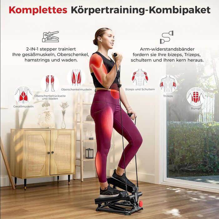 Степер Sunny Health & Fitness для дому: компактний міністепер для кардіо-тренувань з функцією Twist, еспандерами та додатком SunnyFit