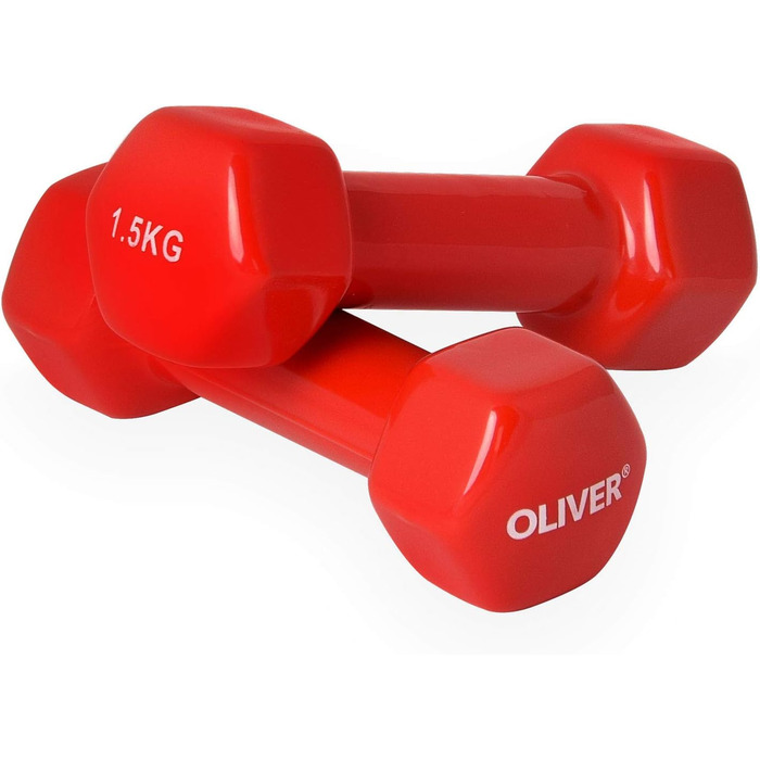 Набір вінілових гантелей Oliver 1,5 кг, 6 пар, червоні – для чоловіків і жінок, фітнесу, аеробіки, силових тренувань, спортзалу і дому