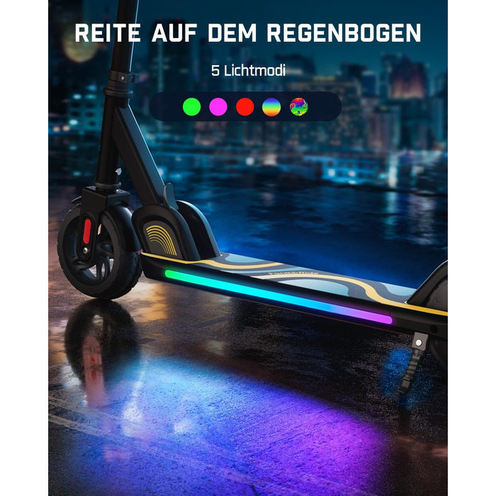 Електросамокат FanttikRide C9 Pro для дітей від 8 років, регульований, LED-дисплей, кольорове підсвічування, швидкість до 16 км/год, пробіг 8 км, складаний, чорний