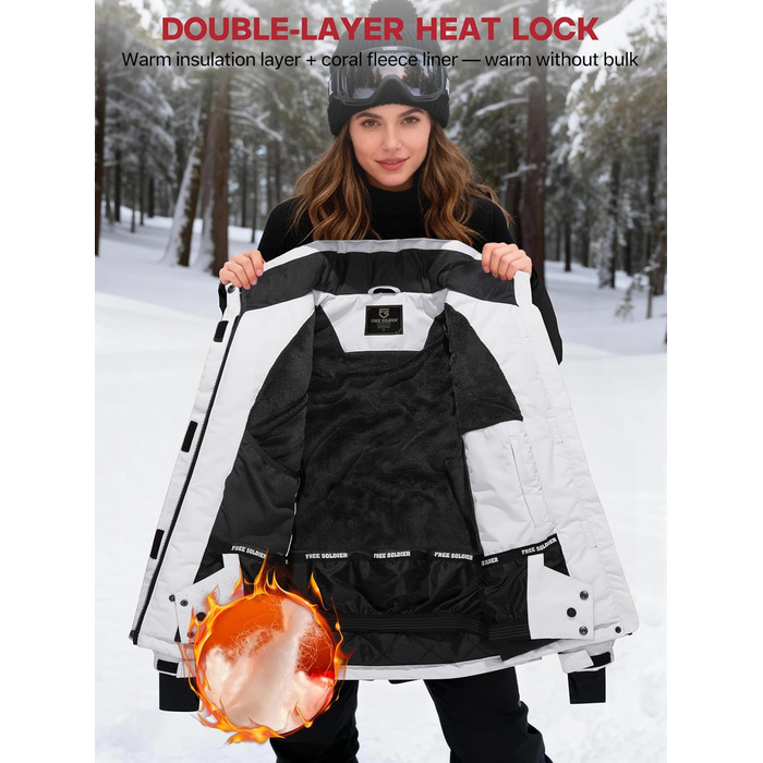 Водонепроникна зимова куртка FREE SODIER для жінок з флісовою підкладкою та капюшоном. Велика жіноча куртка з водонепроникним покриттям, зварні шви, Ginger Yeow (XXL, білий, чорний)