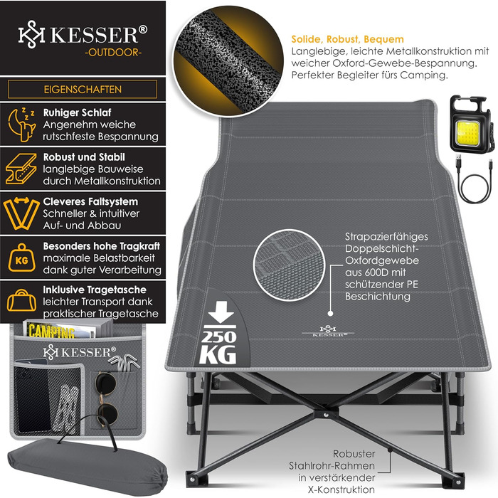 Кемпінгове ліжко KESSER®: стабільне розкладне ліжко для кемпінгу з сумкою, ліхтарем та бічною кишенею. Максимальне навантаження 250 кг, метал, оксфорд 600D, 190 см