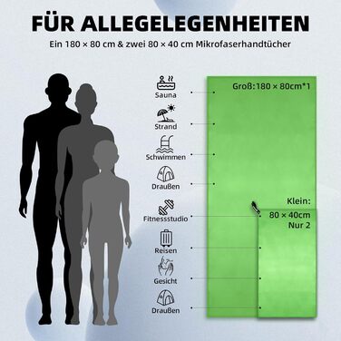 Набір рушників Damoguin 3шт: великий (180x80 см) та 2 маленькі (80x40 см) з мікрофібри. Швидковисихаючі рушники для спорту, пляжу, басейну та подорожей (зелені)
