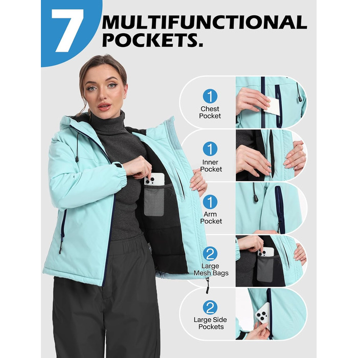 Жіноча лижна куртка GEMYSE з інтегрованими захисними ременями, тепла зимова куртка, водонепроникна, вітронепроникна та дихаюча, для активного відпочинку на природі (Morgenvioett, S, Wasserblau)