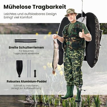 Надувний човен для рибалки HOMASIS Belly Boat з помпою, підставкою для вудок та регульованою спинкою, алюмінієвим веслом та плавцями, навантаження до 160 кг, 136 x 105 x 54 см (Камуфляж)