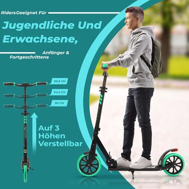 Самокат SereneLife Roller: складаний міський самокат з великими колесами, регульованою висотою, ременем для перенесення, підставкою та ножним гальмом до 100 кг (Аква)