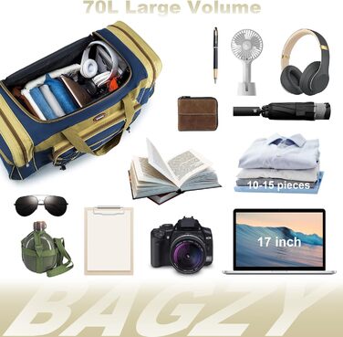 Спортивна сумка для подорожей BAGZY 70 л, водонепроникна дорожня сумка-даффл для залу, кемпінгу та відпустки, зелено-жовта