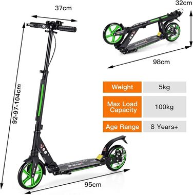 GOPLUS Roller Kinder 8 Jahre: Трюковий самокат для дітей та дорослих, 8 років, з регулюванням висоти, складний, з гальмом та ременем (Зелений)