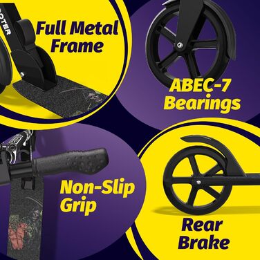 Nattork Kick Scooter з міцними колесами для підлітків та дорослих - чорний, вантажопідйомність 100 кг, амортизатор та регульоване кермо