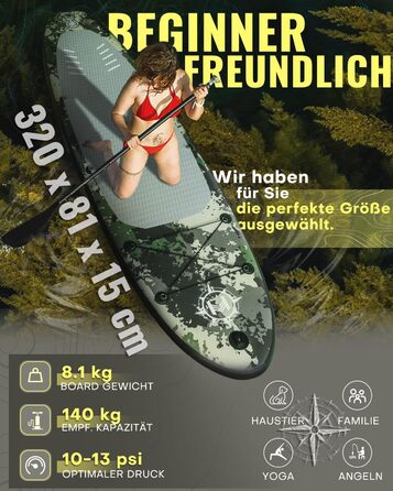 Надувна SUP-дошка HEYBOARD для веслування стоячи, комплект: насос, рюкзак, скловолоконне весло, страхувальний шнур, для водних видів спорту
