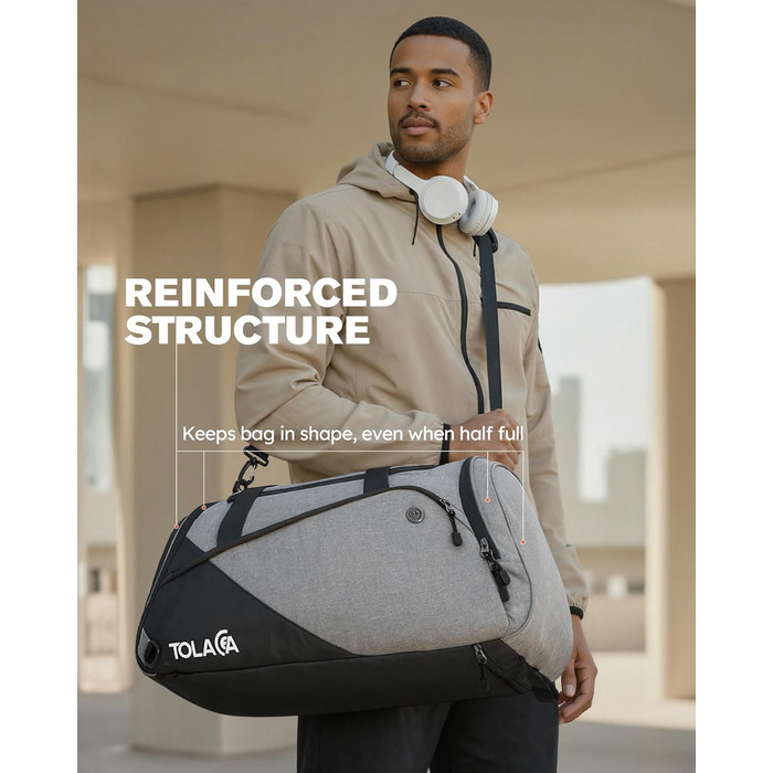 Спортивна сумка Tolaccea 47L з відділенням для взуття та мокрих речей - рюкзак, сумка для подорожей, фітнесу, тренувань (Сірий)