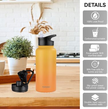 Термос пляшка з нержавіючої сталі 1 л, 2 кришки, трубочка, BPA Free, герметична, підходить для газованої води, вакуумна ізоляція, для спорту, подорожей, кемпінгу