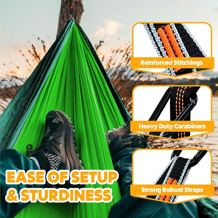 Гамак для кемпінгу NATUREFUN | Легкий, 300 кг, 275x140 см, дихаючий, швидковисихаючий, нейлон, 2 карабіни, 2 петлі, для дому та саду