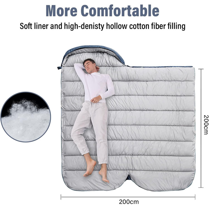 Спальний мішок BISINNA XXL для великих дорослих, 3-4 сезони, зимовий, теплий, для кемпінгу, сірий, 1.5 кг, блискавка справа