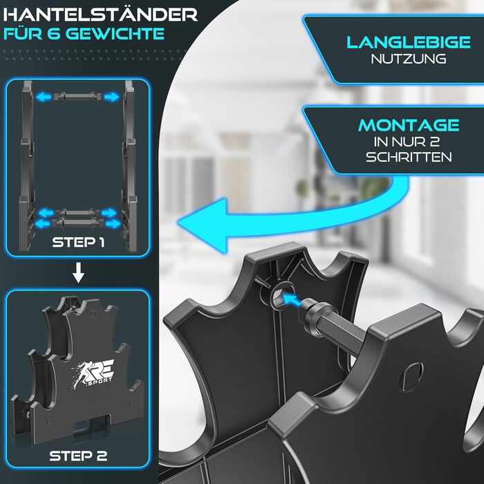 Набір гантелей RE:SPORT® 3 пари (1-5 кг, 12 кг або 18 кг) зі стійкою + 3 фітнес-гумки | Нековзкі гантелі з неопрену для жінок та чоловіків | Набір гантелей 12 кг, блакитний/сірий/темно-синій