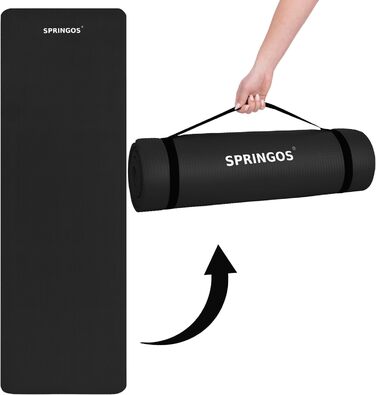 Килимок для йоги SPRINGOS з ременем, нековзний, універсальний, товстий, для фітнесу, пілатесу, зручний туристичний, чорний