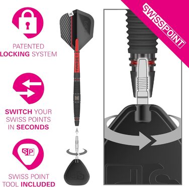 Професійний набір дротиків Target Darts Scope Swiss Point, 90% вольфрам, для гри в дартс, стілдарти червоно-чорні, з інструментом, 21-25 г