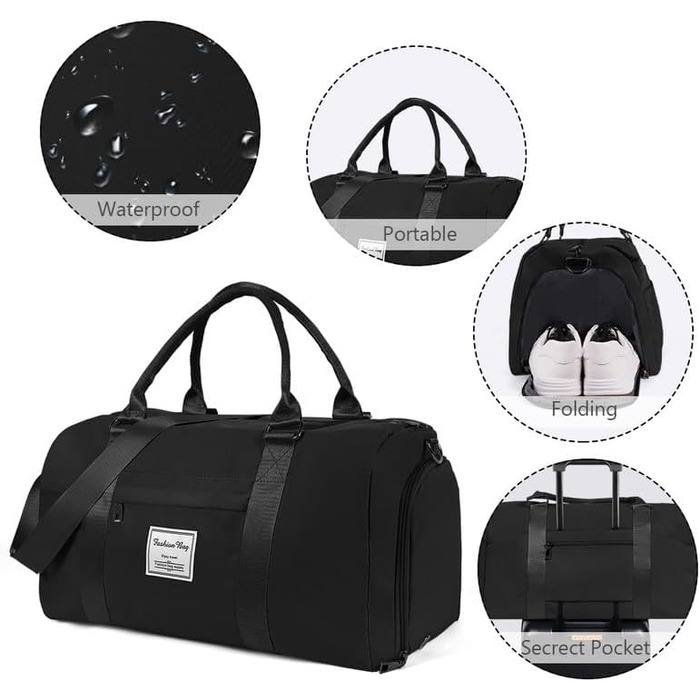 Спортивна сумка Flintronic, дорожня сумка, сумка-мішок з відділенням для взуття та мокрих речей, водонепроникна, для подорожей та спорту, чорна