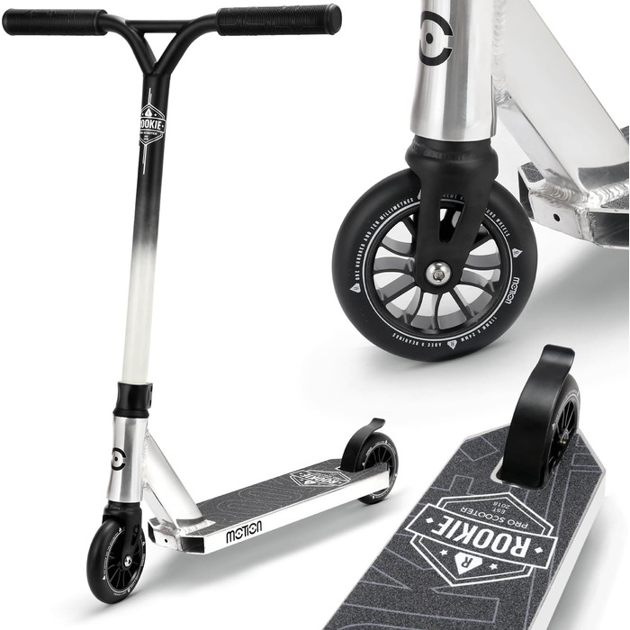 Дитячий трюковий самокат Motion Stunt Scooter Rookie Pro, чорний-білий, ABEC 9, для дітей від 4 років, фристайл, міцний, Robuster