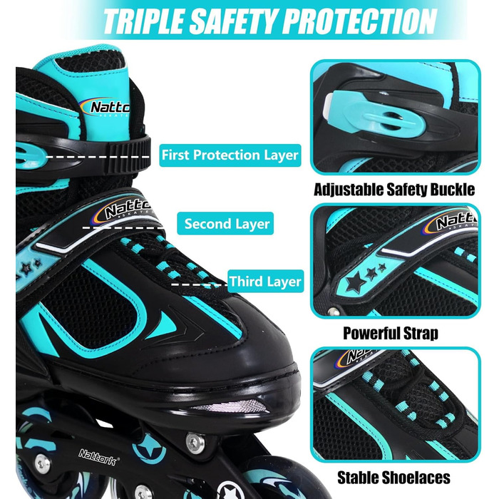 Роликові ковзани Nattork для дітей з підсвічуванням, Outdoor & Indoor, розмір 27-31, Teal