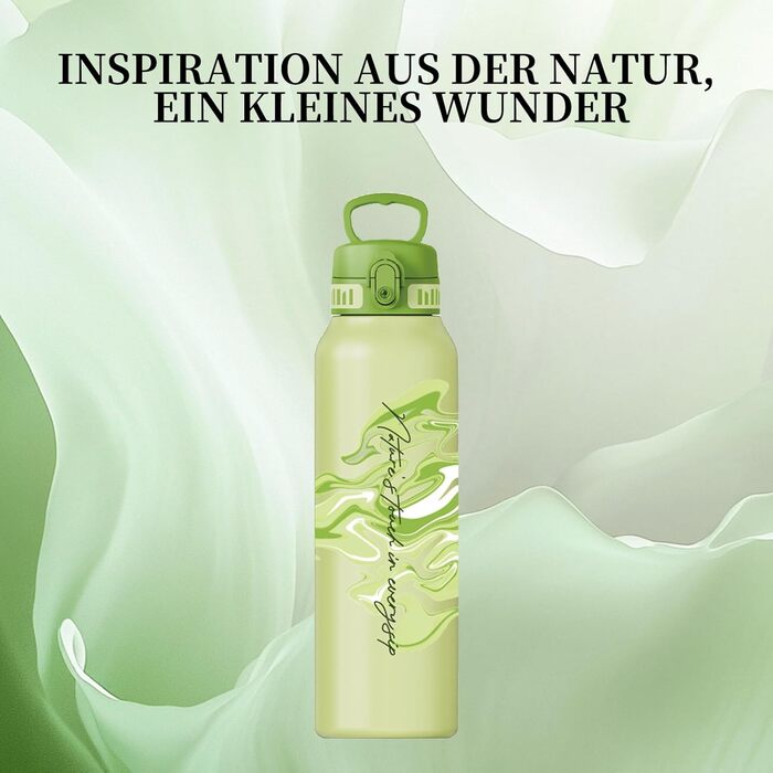 Термос-пляшка UZSPACE 1л (970мл) з нержавіючої сталі, ізольована, 1-click відкривання, не протікає, для спорту, туризму, фітнесу, тренажерного залу, на відкритий простір, колір: лісовий зелений