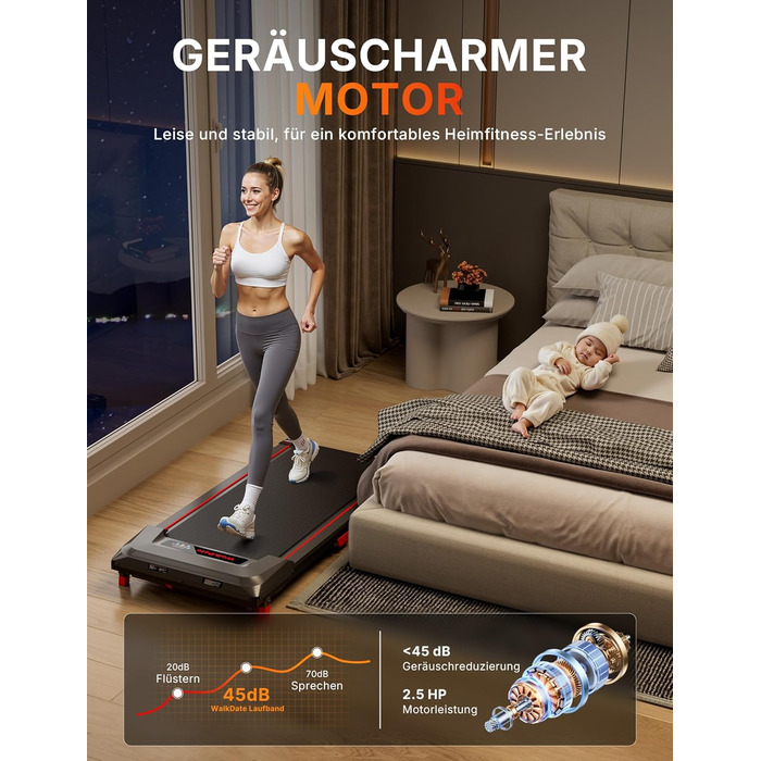 Біговий доріжка з нахилом 5%, компактна під стіл для дому та офісу, портативна бігове обладнання з LED дисплеєм, пульт дистанційного керування, вантажопідйомність 150 кг, 2.5HP, тихий двигун, чорний