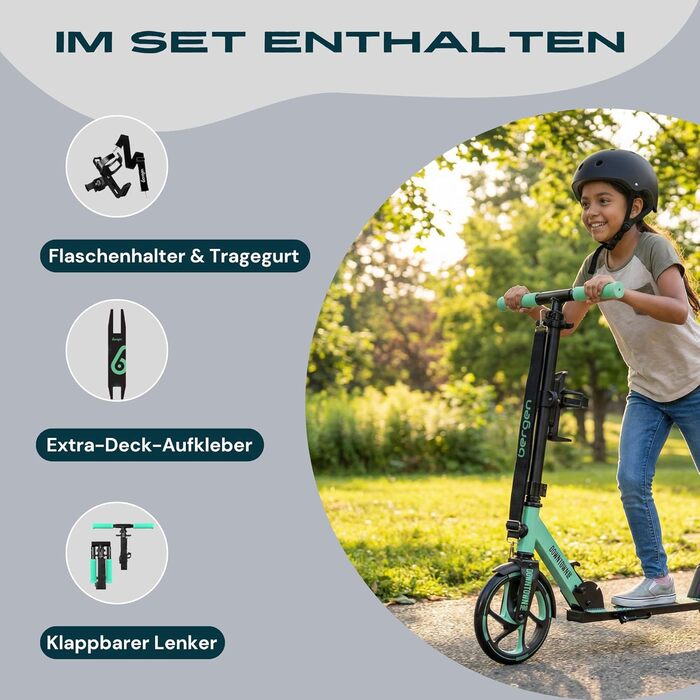 Самокат міський Bergеn City Scooter Downtown, алюмінієвий, складаний, 3.3 кг, колеса 200 мм, регульована висота, для дітей від 6 років, підлітків, дорослих до 100 кг (чорний, зелений)