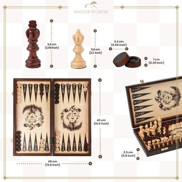 Настільна гра 3-в-1: шахи, нарди, шашки Master of Chess XL 40 см, ручна робота, дорожній набір, турнірні фігури