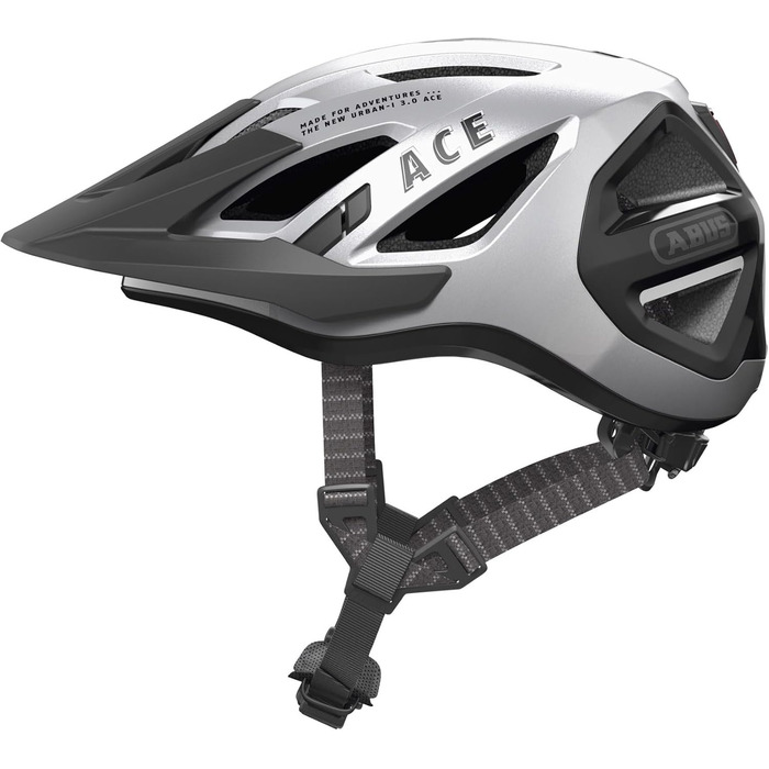 ABUS Stadthelm Urban-I 3.0 ACE: спортивний шолом для велосипеда з LED-ліхтариком, подовженим козирком та магнітною застібкою, для жінок та чоловіків, сріблястий (gleam silver), L (56-61 см)