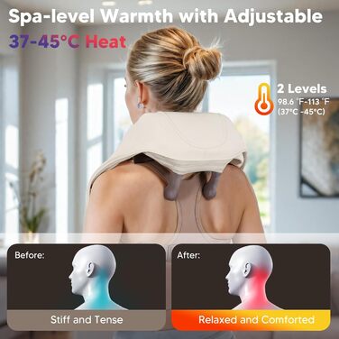 Масажер для шиї Arboleaf 6D - бездротовий масажер для шиї та плечей з 2 рівнями нагріву, 3 режимами, знімним чохлом та акумулятором на 90 хвилин для розслаблення та зняття стресу, Бежевий