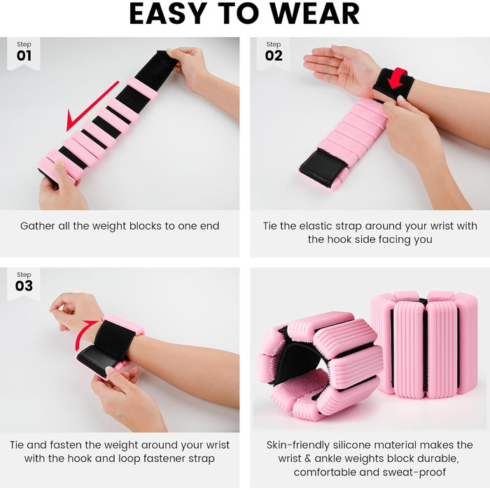 Ваги для ніг та рук, регульовані | Комплект 2 шт (1 кг пара, 0,5 кг кожний) | Силіконові ваги на зап'ястя для жінок | Йога, Пілатес, танець, балет, біг, плавання, кардіо (Рожевий)