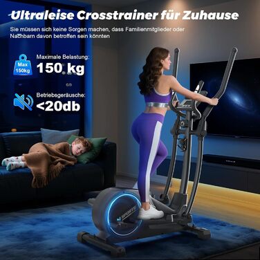 Еліптичний тренажер Neezee для дому: тихий, з 16 рівнями опору, 8 кг маховиком, LCD-дисплеєм (Bluetooth), до 150 кг, чорний