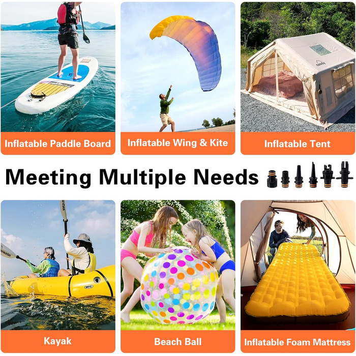 Електричний насос для SUP з акумулятором 12000mAh, 20PSI, 6 насадок для надування/здування, 12V DC, автовимкнення, для SUP, серфінгу, наметового обладнання, матраців