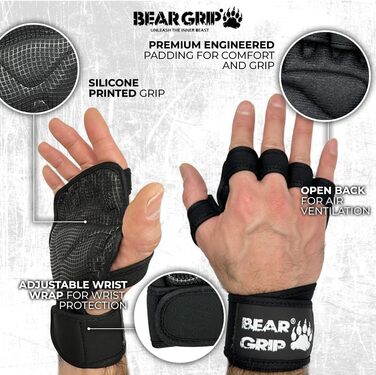 Рукавички для тренувань Bear Grip з посиленим захистом долонь (Чорні, XS) - Кросфіт, бодібілдинг, пауерліфтинг