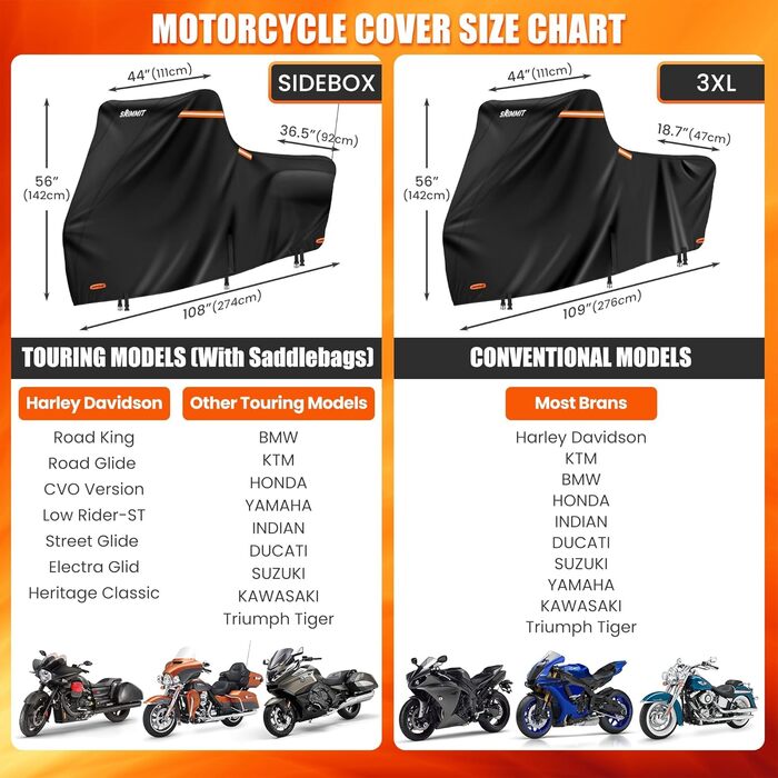 Водонепроникний чохол для мотоцикла Motorrad, 420D, зимовий, для туристичних моделей, захист від сонця, дощу та пилу, Deluxe Edition (274x111x142CM), чорно-помаранчевий