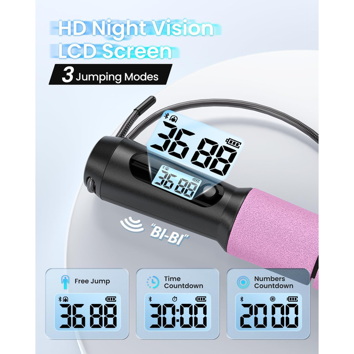 RENPHO Розумна скакалка з підключенням до додатку, для фітнесу, кросфіту, домашніх тренувань, для чоловіків, жінок і дітей, колір рожевий