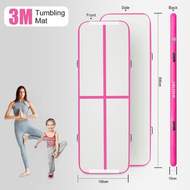 Гімнастичний надувний мат для тренувань, 3/4/5 метрів, 10 см заввишки, рожева (300x100x10 см)